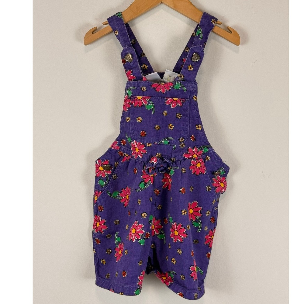 Vintage EZ Blues Girls Purple Floral Ladybug Cotton Overalls Shortalls Size 3